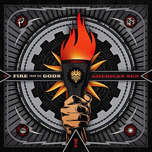 "Album cover with a hand holding a torch, surrounded by gears and flames."