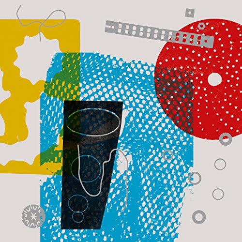 The image is an abstract album cover featuring a vinyl record. Alt text: Abstract album cover with red vinyl record and colorful shapes.