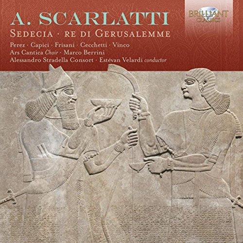 "CD cover with red banner and stone carving of two men."