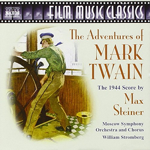"CD cover with man at ship's wheel, 'Film Music Classics' banner, and title 'The Adventures of Mark Twain'."