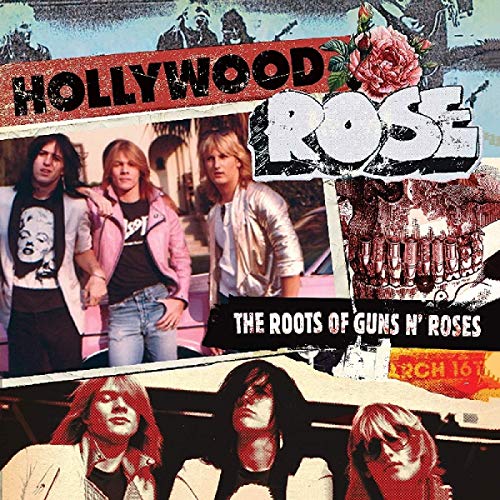 "CD cover with 'Hollywood Rose' title, band photos, and skull with rose."