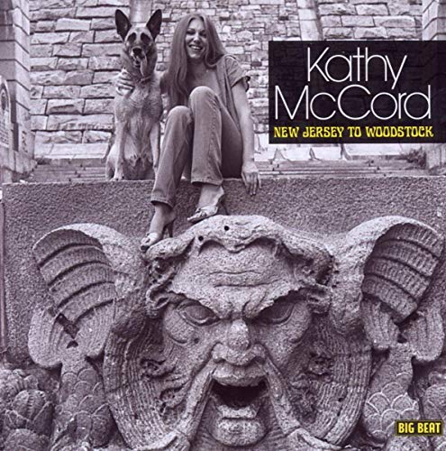 "Album cover with a black-and-white photo of a woman and dog on a stone statue."
