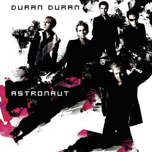 "Duran Duran band members in black on abstract album cover with red accents."