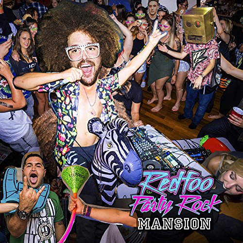 "Album cover: man with afro dancing, surrounded by party crowd, 'Redfoo Party Rock Mansion' text."