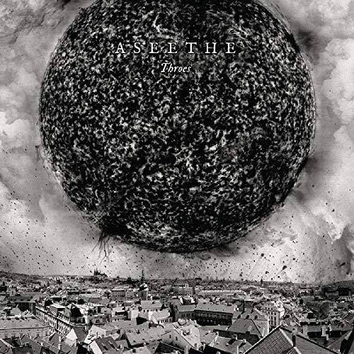 "Black and white album cover with asteroid impacting a city."