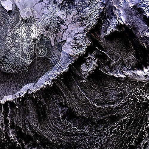 The image depicts a dark, abstract album cover with swirling patterns and white text overlay.