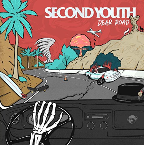 "Vinyl record cover with cartoon skeleton driving a car, surrounded by chaotic landscape."
