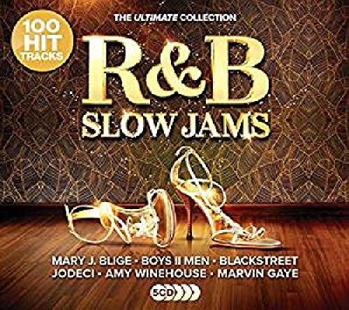 "CD cover with high heels and gold background, titled 'R&B Slow Jams'."