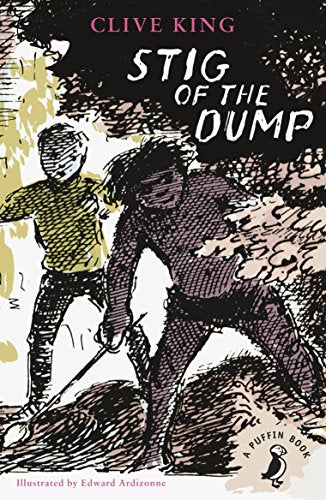 "Book cover of 'Stig of the Dump' featuring an illustration of two boys in a pit."