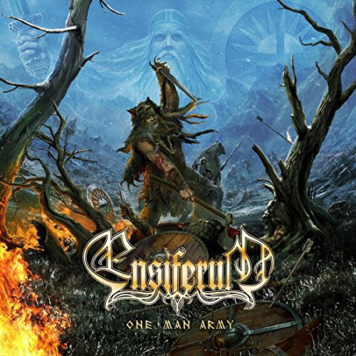 "Album cover art: warrior standing on a chest, surrounded by battle scene and flames."