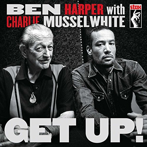 Album cover with two men, text "Ben Harper with Charlie Musselwhite Get Up!" in white and red.