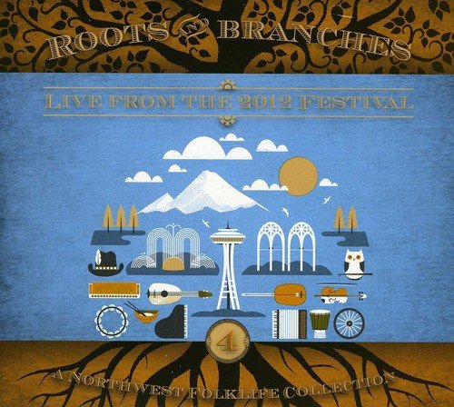 "Album cover with blue background, tree roots, and musical instruments, representing a music festival."