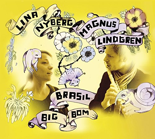 "Music album cover featuring a man and woman surrounded by flowers and ribbons on yellow background."