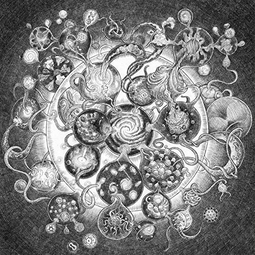The image is a black-and-white illustration of various abstract shapes and figures. Alt text: "Black-and-white album cover with intricate, swirling illustrations and abstract shapes."