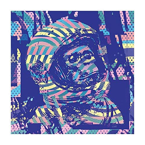 Vinyl record sleeve with abstract, multicolored astronaut illustration on a blue background.