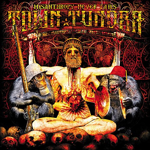 "Album cover art: gruesome illustration of mutilated statue surrounded by skulls and creatures."