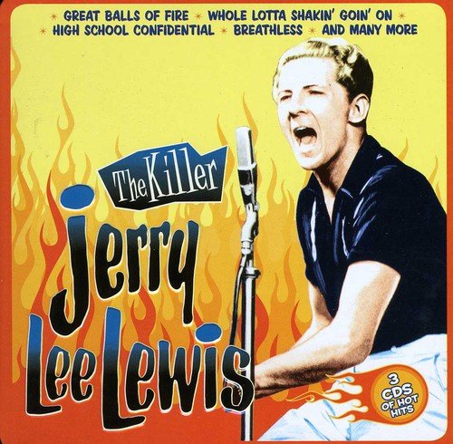 "CD cover featuring Jerry Lee Lewis singing into a microphone with flames."