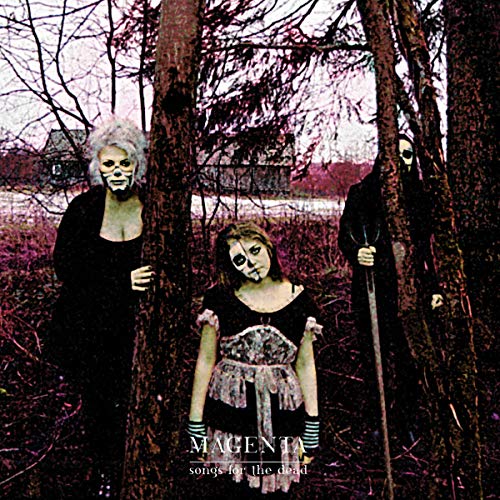 "Album cover with three people in dark attire and white face paint standing near trees."