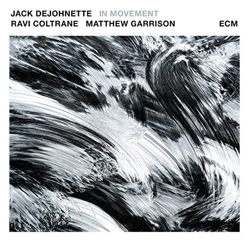 "Album cover with abstract black and white painting, white border, and artist names at top."