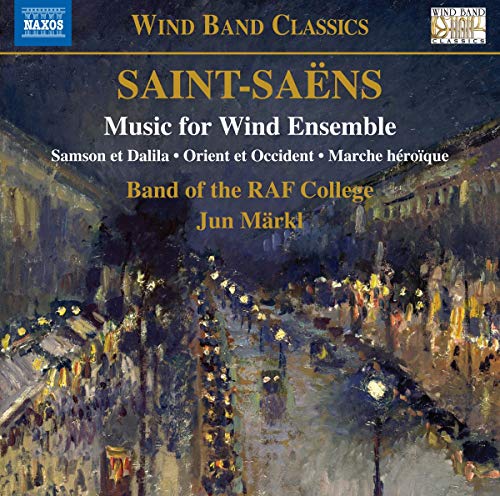 CD cover with Saint-Saëns' name and "Music for Wind Ensemble" on a cityscape background.