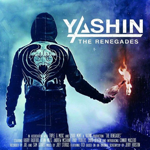 "Album cover: person in black hoodie with skull design, holding a flaming torch."