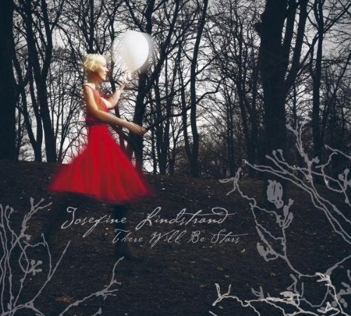 "Album cover featuring a woman in red dress holding a lantern in a forest."