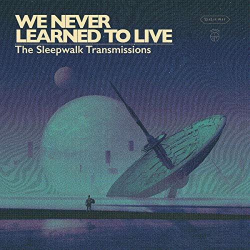 "Album cover art: crashed spaceship, person standing, futuristic scene, dark blue background."