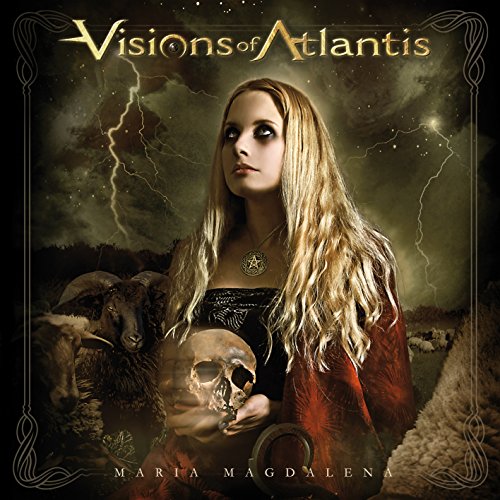 "CD cover featuring a woman holding a skull with a stormy background."
