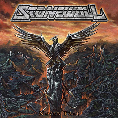 "Album cover with metal bird statue standing in a volcanic landscape."