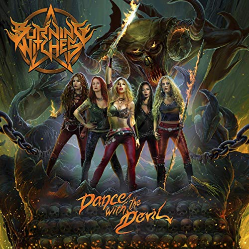 "Album cover featuring four women and a demon, surrounded by skulls and chains."