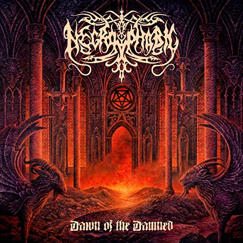 "Album cover art featuring a gothic cathedral with dragons and fiery landscape."