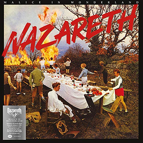 "Vinyl album cover with people at a table near a large fire."