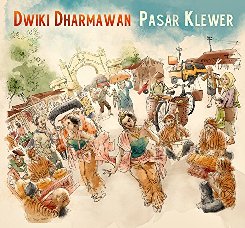 The image is a CD cover for "Dwiki Darmawan Pasar Klewer". #### Alt text: "CD cover with watercolor illustration of people in traditional clothing in a busy market."