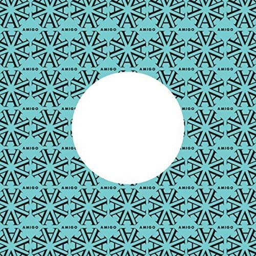 A vinyl record sleeve with a teal and black geometric pattern and a white center.