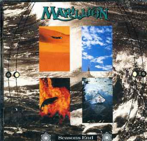 "Marillion Seasons End album cover, featuring a collage of four images on a textured background."