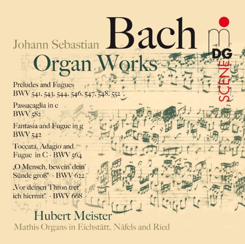 "CD cover with sheet music background and 'Bach Organ Works' in large text."
