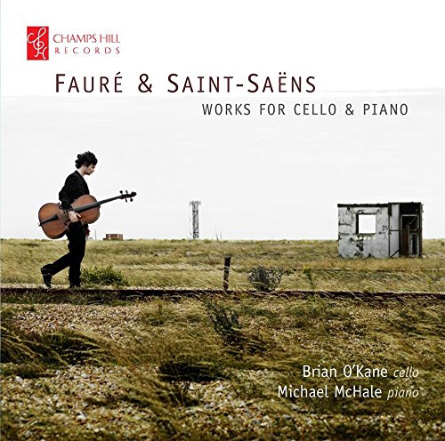 A man walks with a cello in a rural landscape, album cover.