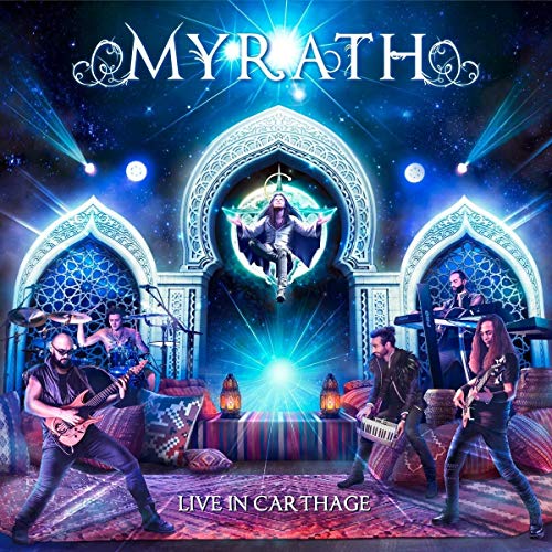 "Album cover featuring a band performing in an ornate, mystical setting with blue lighting."