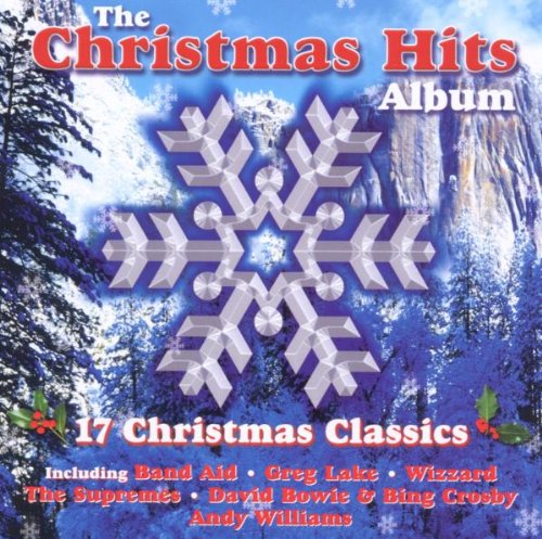 "CD cover with a snowflake and snowy forest, titled 'The Christmas Hits Album'."
