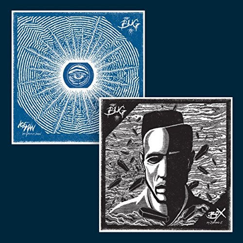 The image depicts two album covers. The cover art for "The Bug" is on the right, featuring a black-and-white illustration of a man's face with a serious expression. The cover art for "Iceman" is on the left, showcasing a stylized, abstract design with a central figure. Both covers have a dark blue background.