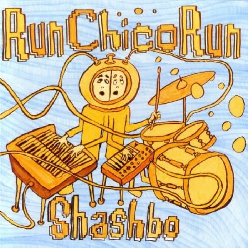 "Album cover featuring a cartoon robot playing electronic drums and keyboards in yellow tones."