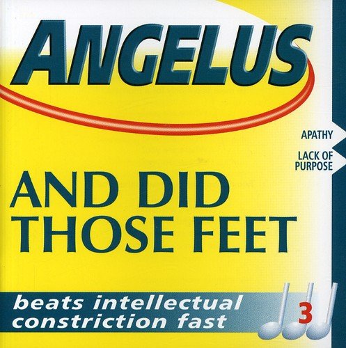 "CD cover with yellow background, blue text, and red accents, displaying 'Angelus' and 'And Did Those Feet'."