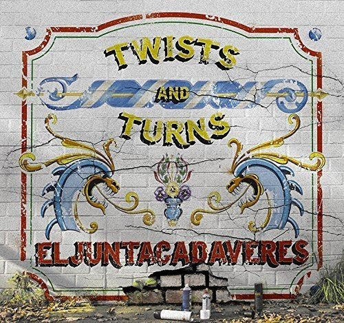 "Album cover with 'Twists and Turns' text and decorative graffiti on a brick wall."