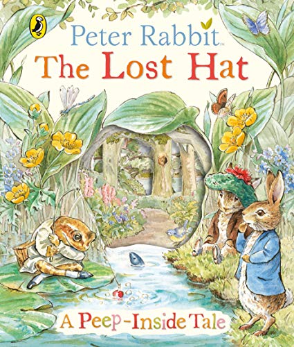 "Children's book cover featuring Peter Rabbit and a frog in a forest scene."