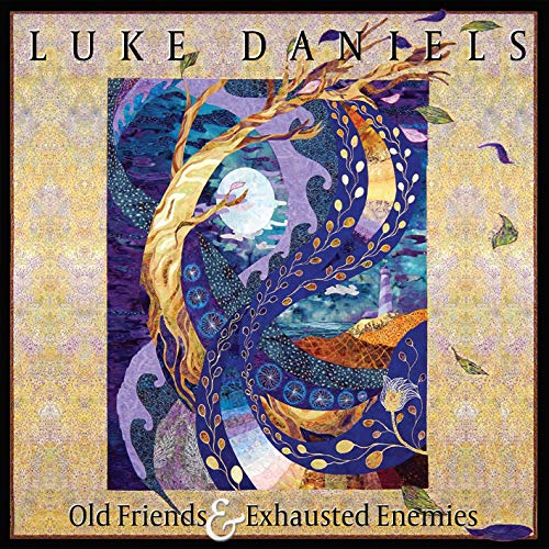 "Album cover art with abstract tree design, full moon, and floral patterns on textured background."