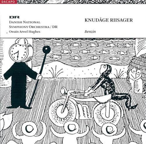 "Black and white CD cover art featuring a man with a clock head and a drummer."