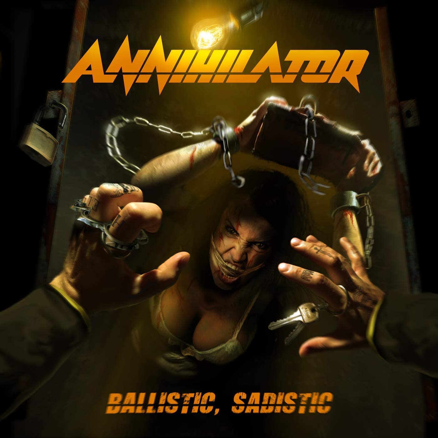 "Album cover art: a woman chained, with hands reaching towards her, dark background."