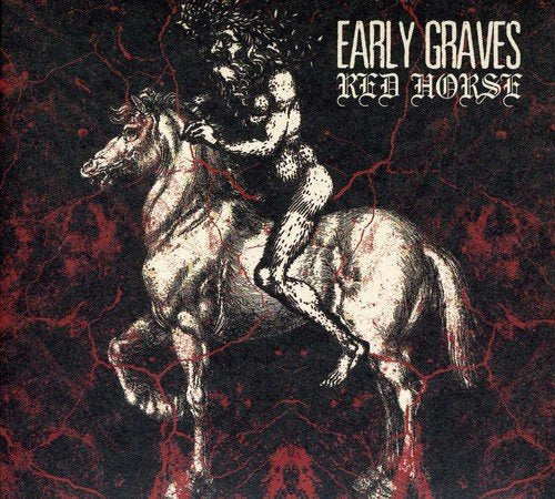 "Album cover art: illustration of a person riding a horse, red and black background."