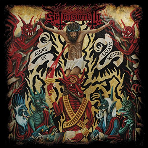 Album cover art: man surrounded by demons, with title "Aeons of Satan's Reign".