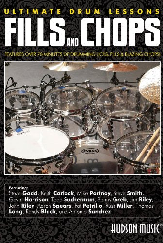 "Drum set with sticks on a DVD cover titled 'Fills and Chops'."
